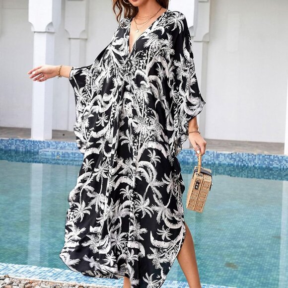 Plus Size Viscose Kaftan Dress Beach Cover Up V-Neck Batwing Sleeves - Picture 4 of 7